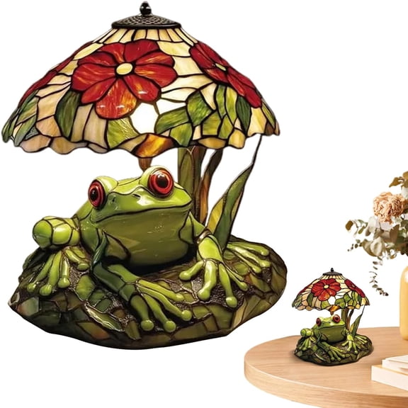 KOYPTL Table Lamp Frog and Flower Shaped Tables Lights Rustic Garden Style Stained Glass Tables Lamp Small Bedside Lamps Decorative Lamps for Dining Room Nursery Nightstand Home Bedroom Bookshelves