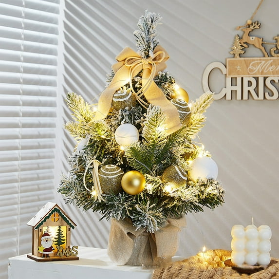 KOYPTL Tabletop Christmas Tree Artificial 16 in Encrypted Decorated with Warm Light Christmas Ball with Burlap Wooden Base for Bedroom Living-room Window Kitchen Counter Holiday Christmas Decoration