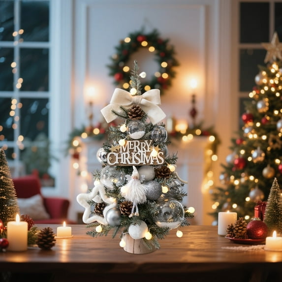 KOYPTL Tabletop Christmas Tree Artificial Encrypted Decorated with Flocking Beads Bow with Wooden Base for Bedroom Night Light Living-room Window Kitchen Counter Holiday Christmas Decoration
