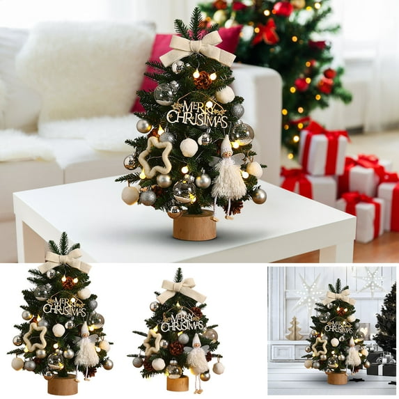 KOYPTL Tabletop Christmas Tree Artificial Encrypted Decorated with Flocking Beads Bow with Wooden Base for Bedroom Night Light Living-room Window Kitchen Counter Holiday Christmas Decoration