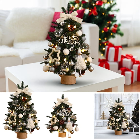 KOYPTL Tabletop Christmas Tree Artificial Encrypted Decorated with Flocking Beads Bow with Wooden Base for Bedroom Night Light Living-room Window Kitchen Counter Holiday Christmas Decoration