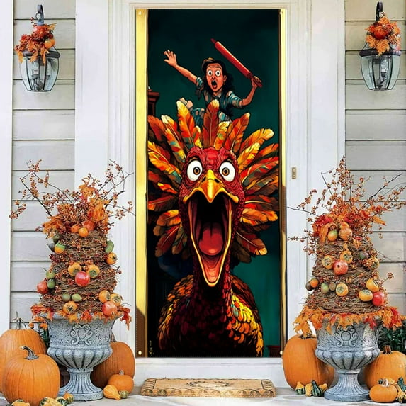 KOYPTL Thanksgiving Front Door Cover 35x71 In,Turkey Curtain Cover Decorations Banner,Thanksgiving Door Layout Background Ornament for Home Outdoor Winter Holiday Xmas Party Porch Wall Hanging Decor