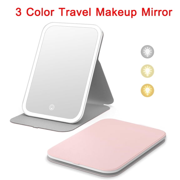 KOYPTL Travel Makeup Mirror Portable LED Lighted Makeup Mirror 360° Rotation Touch Screen Vanity Mirror 60 LEDs 3-Color Dimmable Lighting Rechargeable Tabletop Folding Cosmetic Mirror White