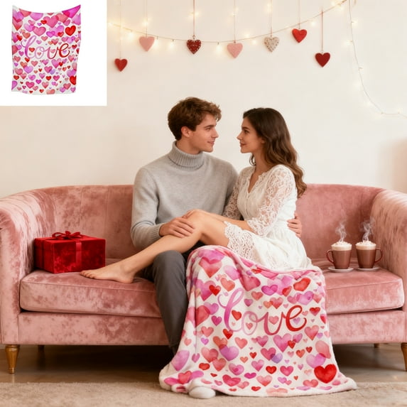 KOYPTL Valentines Day Throw Blanket, 51.18×39.3 inch Hearts Throw Blanket Flannel Couch Blankets Girls Throws for Women Red White Valentines Day Gifts Girlfriend Blankets Boyfriend Birthday Decor