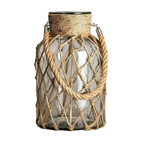 KOYPTL Village Rope Net Glass Vases for Dried Fresh Flowers,Rustic Farmhouse Decorative Vintage Hanging Vases Macrame Wrapped Clear Bottles for Fall Farm Flower Wedding Party Arrangements Table