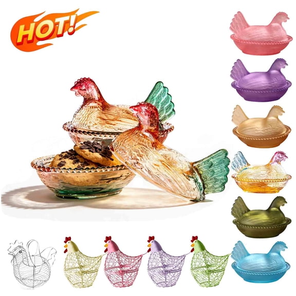 KOYPTL Vintage Hen on Nest Glass Dish,Retro Crystal Chicken Bowl for Home Kitchen Tabletop Centerpieces Decor,Colorful Pedestal Glass Bowl Gift for Collectors Easter Dessert Candy Storage Supplies
