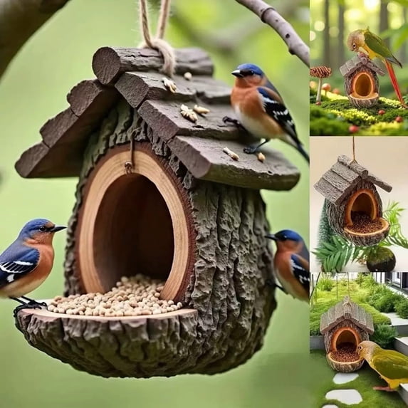 KOYPTL Vintage Treehouse Shape Bird Feeder with Roof,Waterproof Resin Large Capacity Open Design Feeding Birdhouse,Country Decorative Hanging Wild Bird Feeders for Outdoors,Garden Yard Sculpture