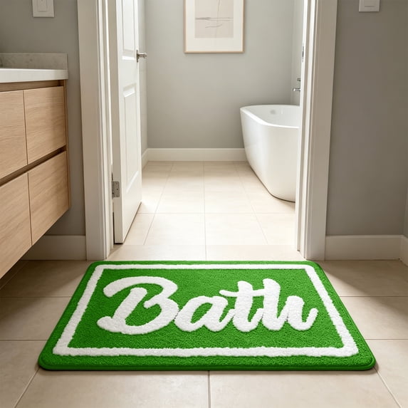 KOYPTL Waffle Bath Mat Boho Flocked Bath Rug Absorbent Non Slip Ultra Soft Bathroom Mats Machine Washable Knit Bath Rugs with Bath Letter for Bathroom Bedroom Kitchen Tub 16*24" Green