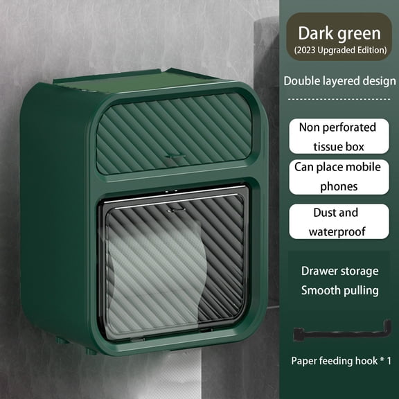 KOYPTL Wall Mounted Toilet Tissue Box Holder with Drawer,Waterproof Self Adhesive Napkin Dispenser Plastic Tissue Phone Box for Bathroom Kitchen Table Counter Under Cabinet Storage for Paper Wipes