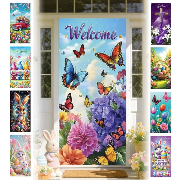 KOYPTL Welcome Spring Door Cover 71x35",Bunny & Eggs Door Banner Decorations Flowers Front Door Cover Seasonal Spring Porch Sign Photo Background for Easter Holiday Indoor Outdoor Home Decor Supplies