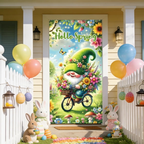 KOYPTL Welcome Spring Door Cover 71x35",Colorful Gnomes Door Banner Decorations Flowers Front Door Cover Seasonal Porch Sign Photo Background for Easter Holiday Indoor Outdoor Home Decor Supplies