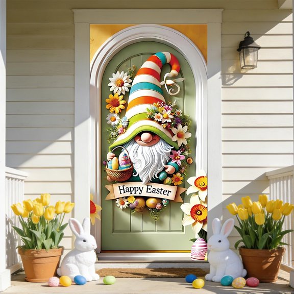 KOYPTL Welcome Spring Door Cover 71x35",Colorful Gnomes Door Banner Decorations Flowers Front Door Cover Seasonal Porch Sign Photo Background for Easter Holiday Indoor Outdoor Home Decor Supplies