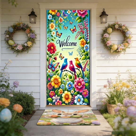KOYPTL Welcome Spring Door Cover 71x35",Colorful Gnomes Door Banner Decorations Flowers Front Door Cover Seasonal Porch Sign Photo Background for Easter Holiday Indoor Outdoor Home Decor Supplies