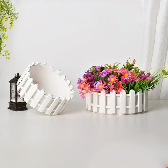 KOYPTL White Picket Fence Panels,Plastic Flower Pot Window Vase Planter for Artificial Flower Plants Succulents,Round Planter Box Floral Arrangements Home Garden Farmhouse Sill Planter Decoration