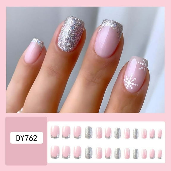 Women Pink Press on Nails,Short/Medium Square Fake Nails with Glitter Snowflakes,Acrylic Glossy Glue on Nails,Reusable Winter Xmas False Nails for Girls Holiday Daily Appointment Wear 24pcs