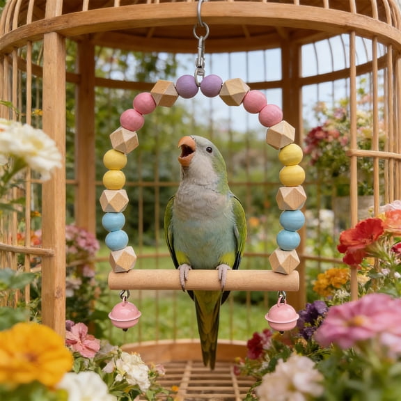 KOYPTL Wooden Bird Swing with Bells for Cockatiels Parrot Perch Hanging Toys,Birdcage Stands Cage Ground Play Gyms Accessories,Colorful Beads Climbing Toy for Lovebirds Conures Budgies Easter Decor