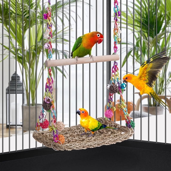 KOYPTL Wooden Bird Swing for Cockatiels Parrot Perch Hanging Toys Parakeets Birdcage Stands Cage Playground Play Gyms Accessories Colorful Bead Bell Climbing Toy for Lovebirds Conures Budgies