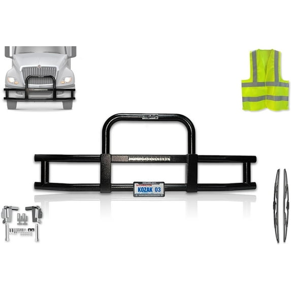 KOZAK Black Grille Guard w/16'' LED Bar, Mounts for Int'l LT625 + Logo, Frame, Wipers & Vest