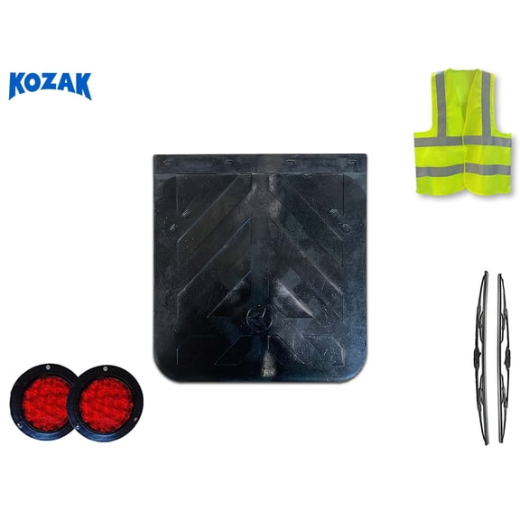 KOZAK Black Rubber Mud Flap Plus 2X 22 inch Windshield Wipers, 2X Trailer Tail Lights and KOZAK Vest
