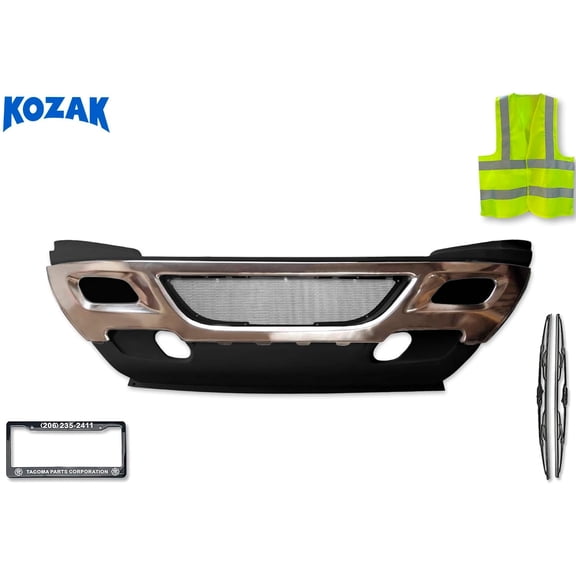 KOZAK PLASTIC Center Bumper Cover with Stainless Steel Trim and Grille Screen Compatible with International Prostar 2008-2015