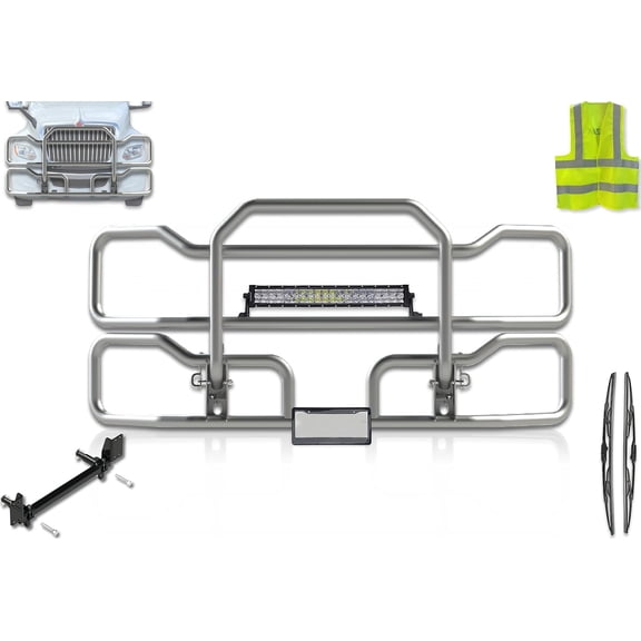 KOZAK Chrome Front Grille Deer Brush Bumper Guard w/Brackets, 22" LED Light Bar Compatible with International LT625