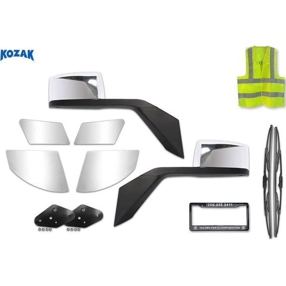 KOZAK Chrome Hood Mirrors (Left and Right Side) Pair With Mounting Kits & Fender and Bumper Corners Chrome Trim Set compatible with Volvo VNL 2016-2017