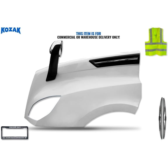 KOZAK Fiberglass Hood Fender Left Driver + Chrome Hood Mirror Pair and Side Hood Vent Black with Chrome Stripe Set Compatible with Freightliner Cascadia 2018+