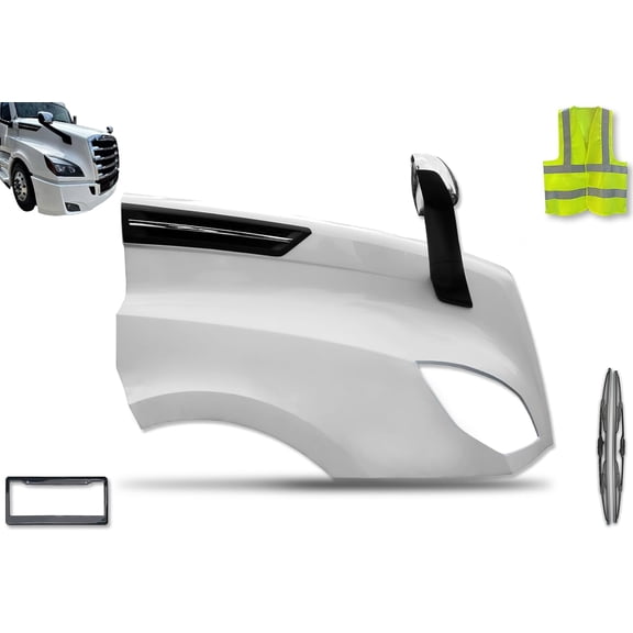 KOZAK Fiberglass Hood Fender Passenger Right + Chrome Hood Mirror Pair and Side Hood Vent Black with Chrome Stripe Set Compatible with Freightliner Cascadia 2018+