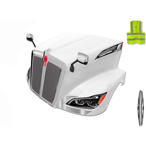 KOZAK Fiberglass Hood w/Grille w/Bug Screen, Air Intakes, Chrome Mirrors, LED Headlights Black, Short Chrome Trims - Set Compatible with Kenworth T680 Next Gen 2022+
