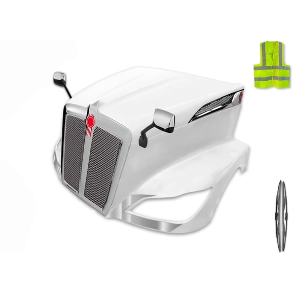 KOZAK Fiberglass Hood w/Grille w/Bug Screen, Air Intakes, Chrome Mirrors, Short Headlight Chrome Trims - Set Compatible with Kenworth T680 Next Gen 2022+