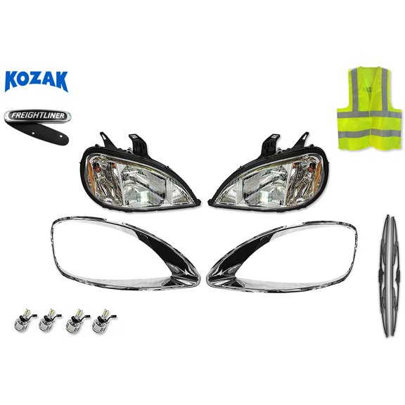 KOZAK Freightliner Columbia 2004+ Halogen Headlights with Chrome Finish Auxiliary Bezel Set