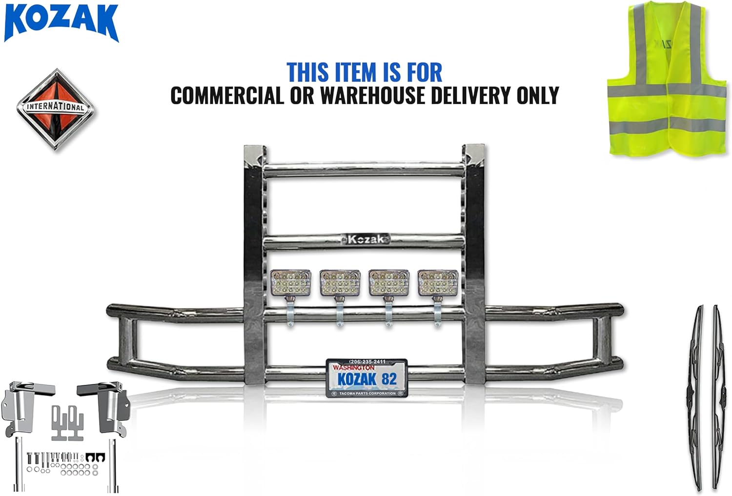 KOZAK Front Grille Moose Bumper Guard with Square 4X 6 LED Lights with