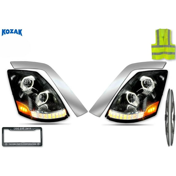 KOZAK Compatible with Volvo VNL 2004-2017 Full LED Headlights Pair with Sequential Turn Signals Black