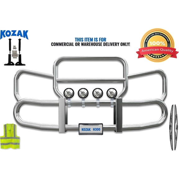 KOZAK Grille Deer Brush Bumper Guard Herd 300 w/ 4x 6" Round LED Headlights Compatible with International LT LT625 2017-2025
