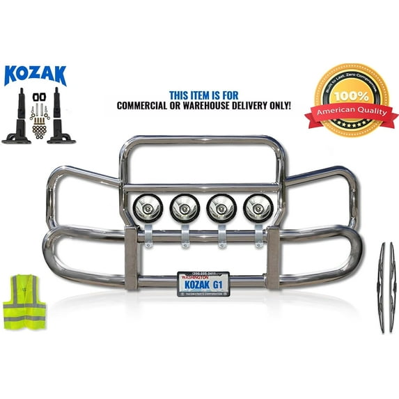 KOZAK Grille Deer Moose Brush Bumper Guard Herd 300 w/Brackets & 4x 6" Round LED Headlights Compatible with Volvo VNL 670 2004-2017