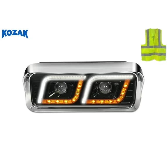 KOZAK Compatible with FREIGHTLINER CLASSIC LED DRL DUAL Black Projector Headlight Left Side