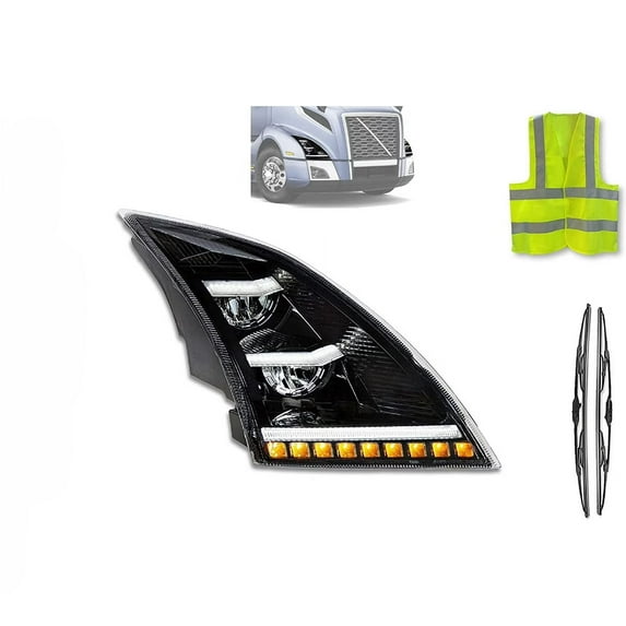 KOZAK LED DRL Sequential Amber Turn Signal Headlight Compatible with Volvo VNL/VNR 2018-2021, Black Passenger Right Side + Logo, 22" Wipers & Vest
