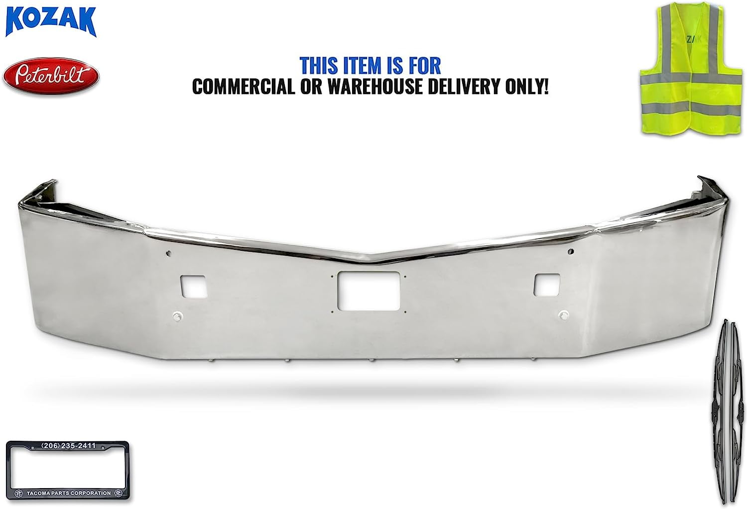 KOZAK 16-Inch Chrome Front Bumper with Tow Holes & Radar Sensor for Peterbilt 579 2012-2020