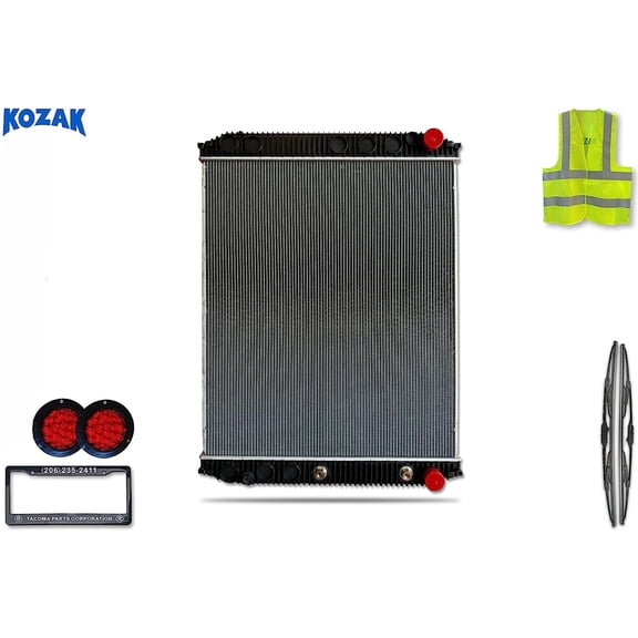 KOZAK Replacement Radiator 20585506 Compatible with Volvo VNM 2007-2010, VNL 2007-2014 PLUS Logo with Stripe, Wipers, 2x Trailer Tail Lights, License Plate Frame and Vest