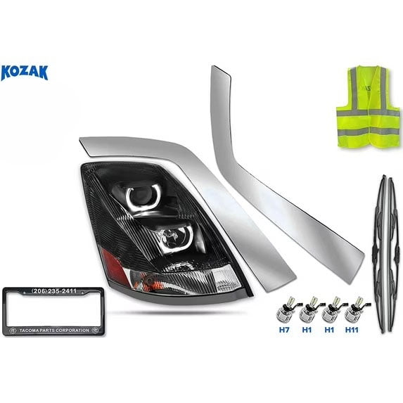 KOZAK Compatible with Volvo VNL Truck 630 670 730 780 2004-2017 Headlight Projection Black w/ LED bar Halos Right