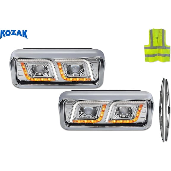 KOZAK WESTERN STAR 6900 4900 4800 LED DRL DUAL Chrome Projector Headlights Set