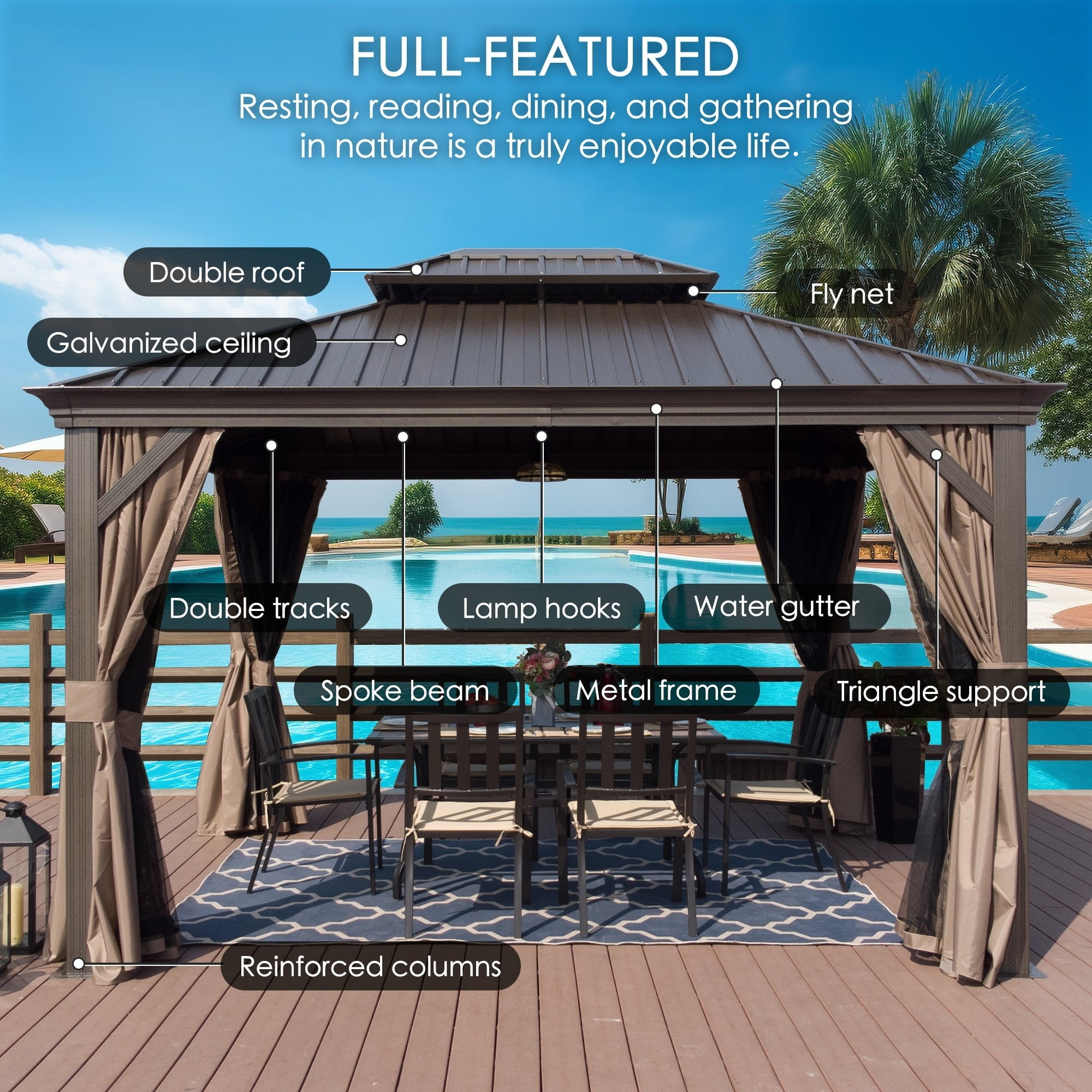 Alexander 12' x 18' Brown Aluminum Hardtop Gazebo with Curtains and Netting
