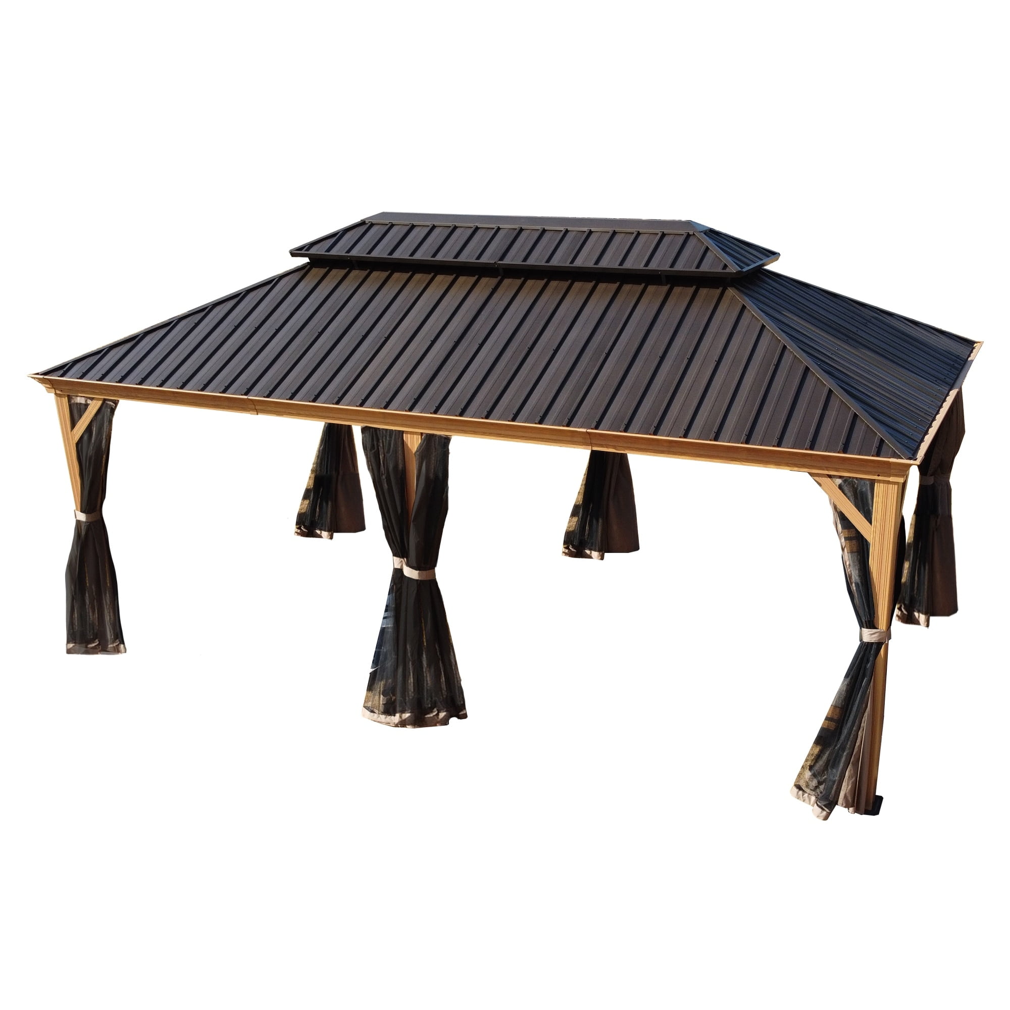 Apollo 12' x 20' Brown Aluminum Hardtop Gazebo with Mosquito Net