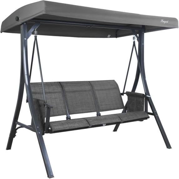 Kozyard Brenda 3-Seat Patio Swing Chair, Outdoor Porch Swing Glider with Adjustable Canopy, Side Pouches, Breathable Seat and Back, for Garden, Poolside, Backyard (Gray)