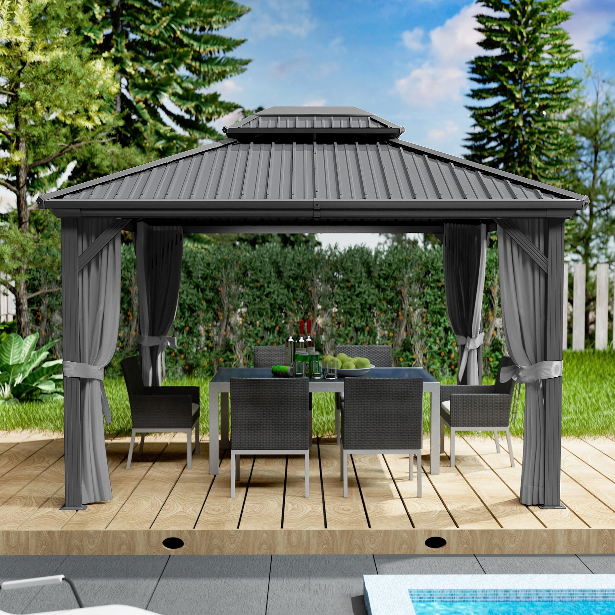 Caesar Gray 10' x 12' Aluminum and Steel Hardtop Gazebo with Curtains