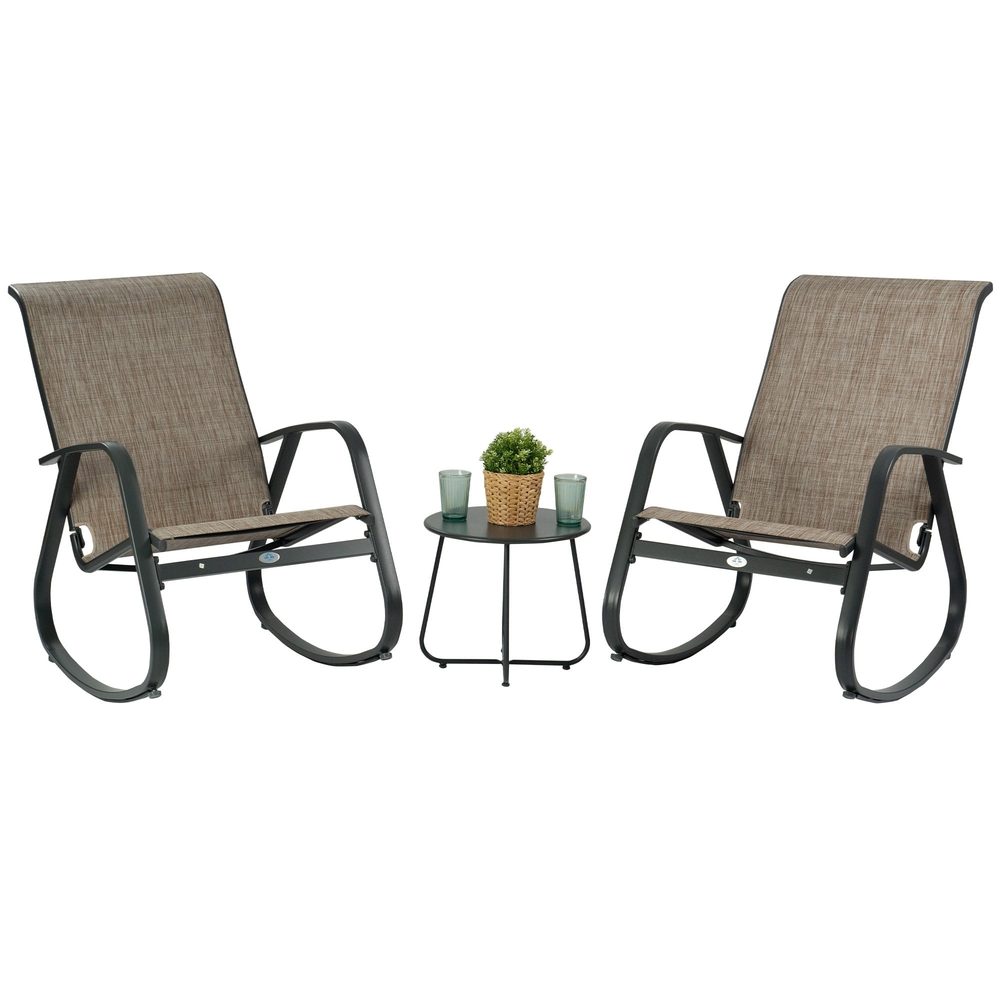 Black Aluminum Frame Beige Mesh Fabric Outdoor Rocking Chair Set