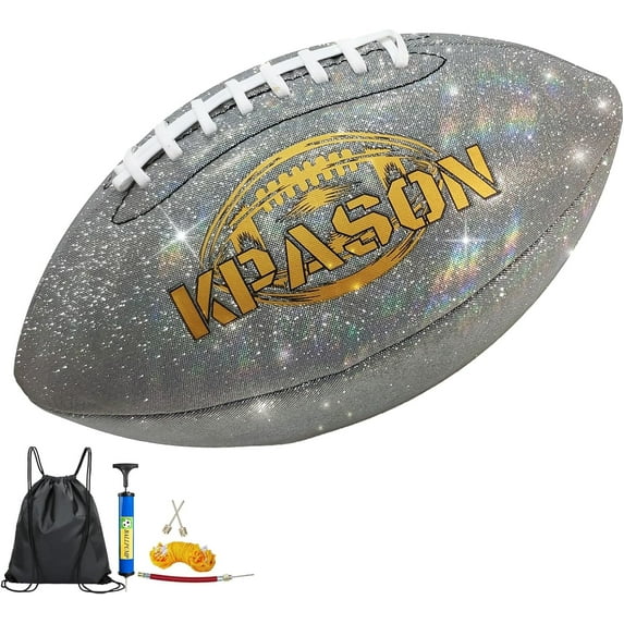 KPASON Football, Glitter Glow Football - Silver Holographic Glow Football Sparkles in The Light - Official Size 9 with Pump for Adults, Youth
