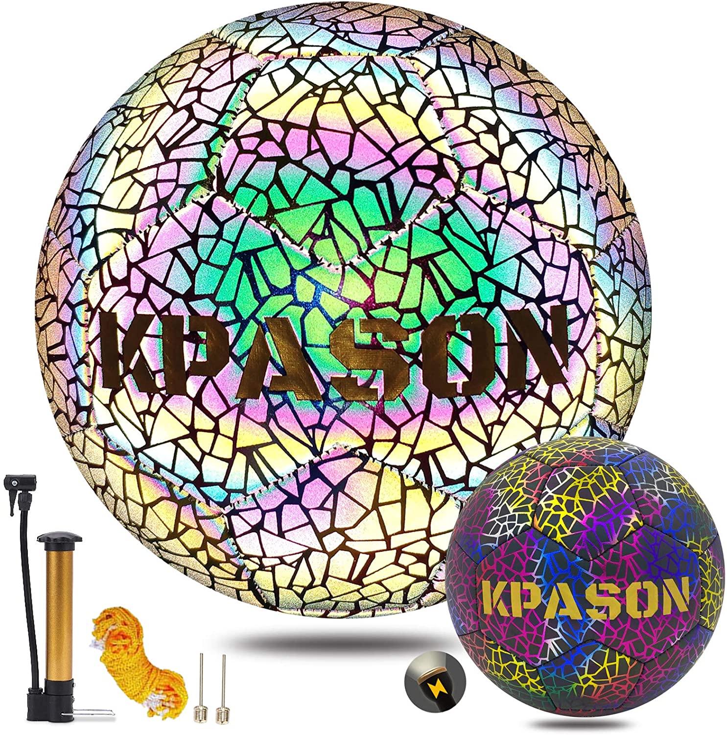 KPASON Soccer Ball, Holographic Soccer Ball Size 5 with Pump and Bag, Reflective Glowing Soccer Ball for Boys, Girls, Youth, and Adult Night Games