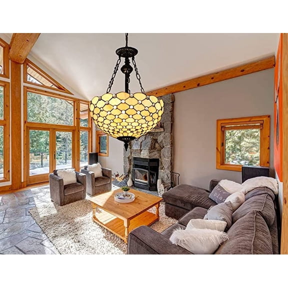 KPIBEST 16 Tiffany Pendant Lighting for Kitchen Island Victorian Design 3-Light Inverted Hanging Lamp Amber Stained Glass Pearl Bead Shade Mission Style, cream, 3-Light/ 16 In