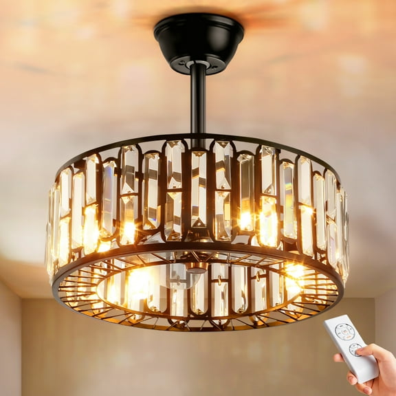 KPIBEST 18 inch Black Crystal Chandelier Ceiling Fan with Invisible Blades Modern Fandelier Indoor Ceiling Fan with 3 Speed for Dining Room Bedroom Kitchen